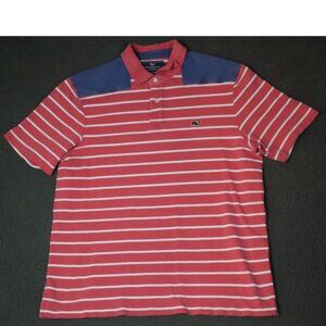 Vineyard Vines Polo Shirt Men's L White Striped Shoulder Patch Collared Cotton